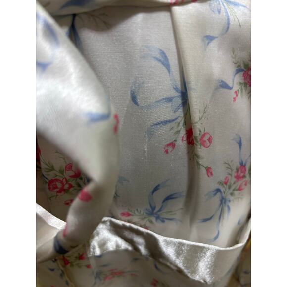 Vintage Kathryn Satin Floral Robe 
 Medium Ivory Pink Blue Silky Lounge Kimono - Picture 9 of 10